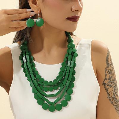 Bohemian African Style Jewelry Set Geometric Wood Beads Handmade Beaded Multi-Layer Necklace for Women Party Accessory