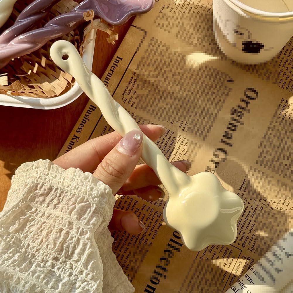 3pcs Ceramic Soup Spoons Cute Serving Spoons with Long Handle Star Pattern Tablespoons for Desserts Yogurt Appetizers Soup Coffee (Yellow, Purple,