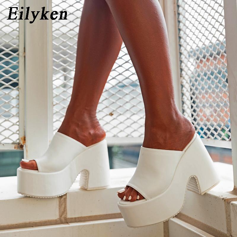 Fashion Eilyken New Brand White Chunky Heeled Mules High Heels Slippers  For Women Sexy Party Platform Heel Sandals Shoes size 43