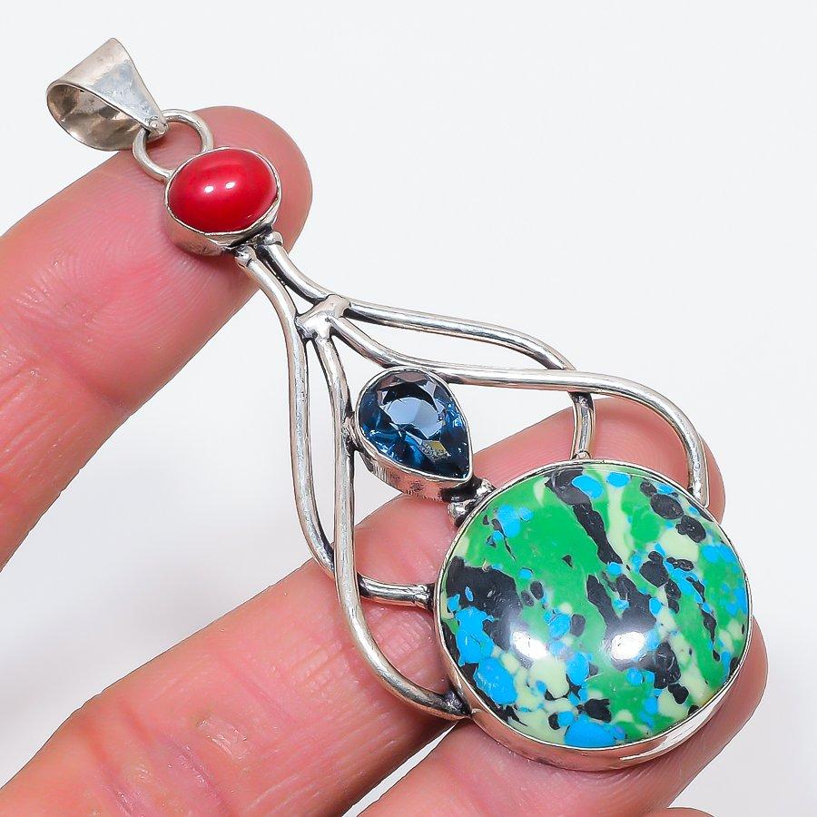 

Natural Rainbow Calsilica, Blue Topaz 925 Sterling Silver Pendant 3.23 e4K81