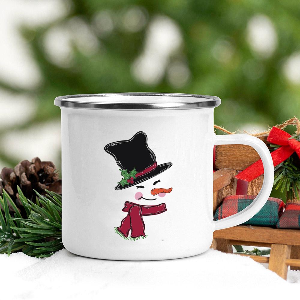 Santa Snowman Print Coffee Mugs Enamel Hot Cocoa Chocolate Cup Kids Breakfast Milk Oatmeal Cups Handle Xmas Decor Holiday Gifts