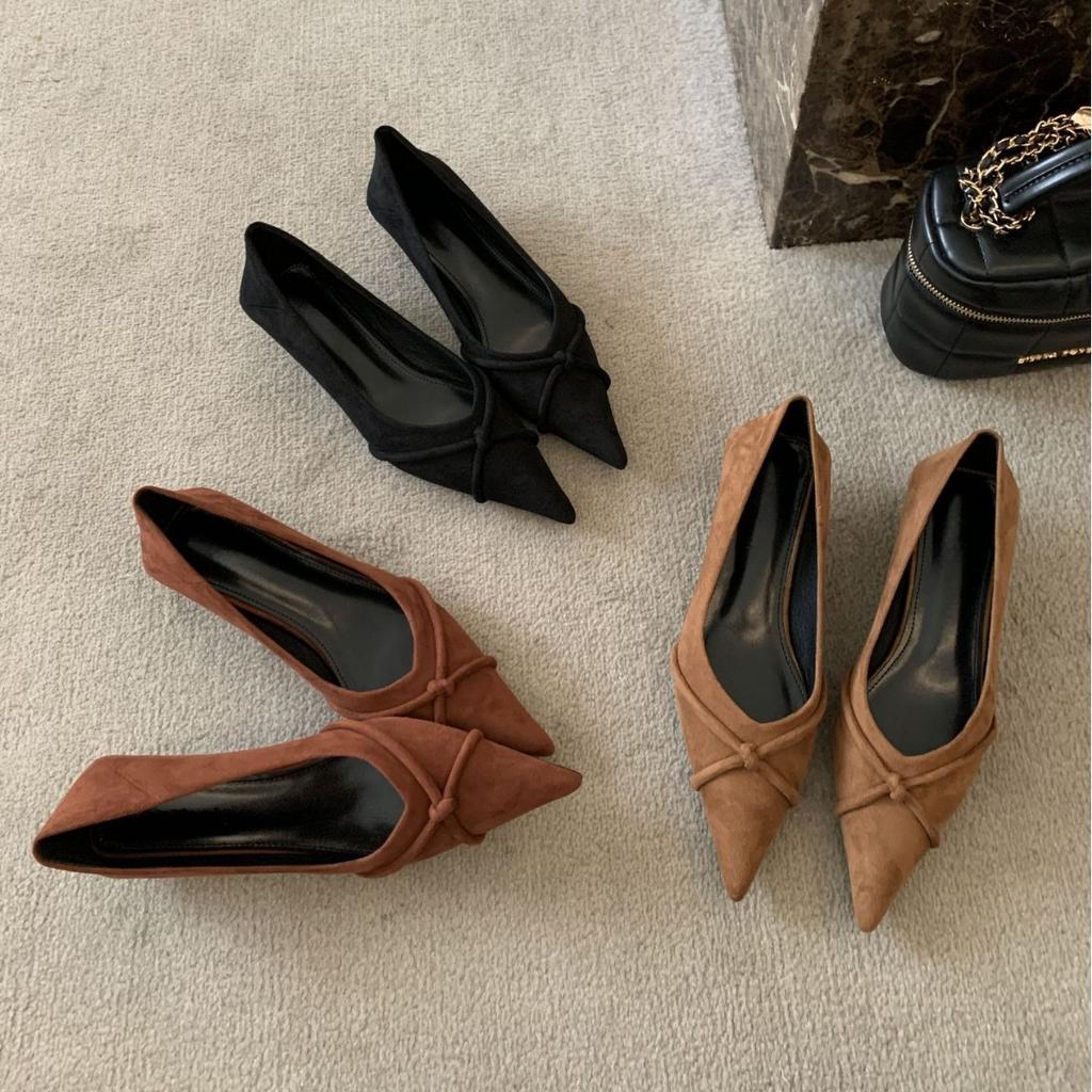 High heels women's stiletto high-end cross-strap retro single shoes 2025 spring women's suede comfortable soft-soled work shoes