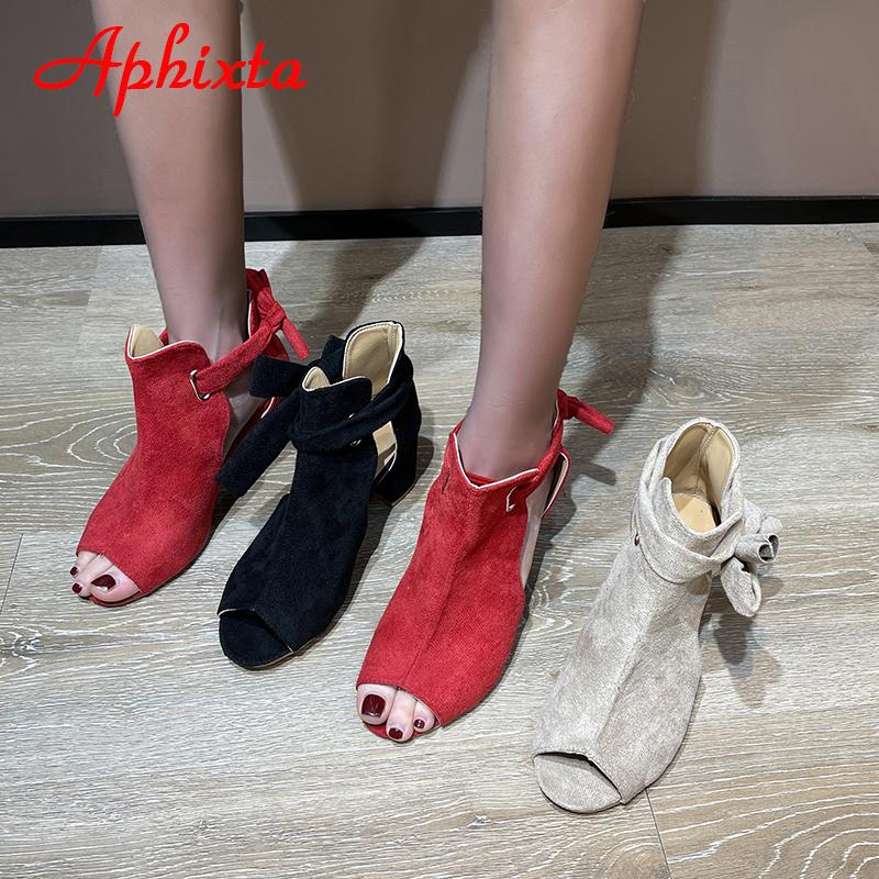 Aphixta Summer Peep Toe Cool Women Boots Sandals Lace-up Square Heels Narrow Band Rosette Shoes Plus Size 43