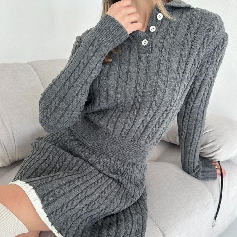 New Casual Skirt Suit With Long-Sleeve Knitted Buttoned Sweater + Short Skirt Two-Piece Set For Women