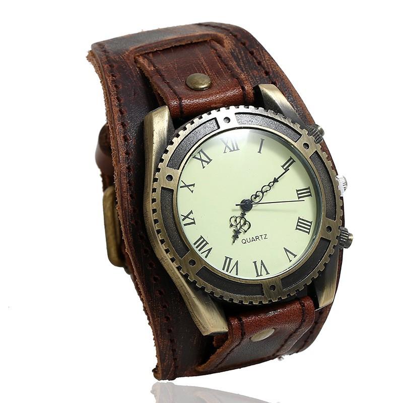 Mens Vintage Leather Bracelet Watch Accessory Adjustable Cuff Style Brown Black Retro Design