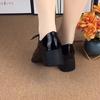 Women's shoes mid-heel  black soft leather deep mouth casual patent leather thick heel lace-up loafers