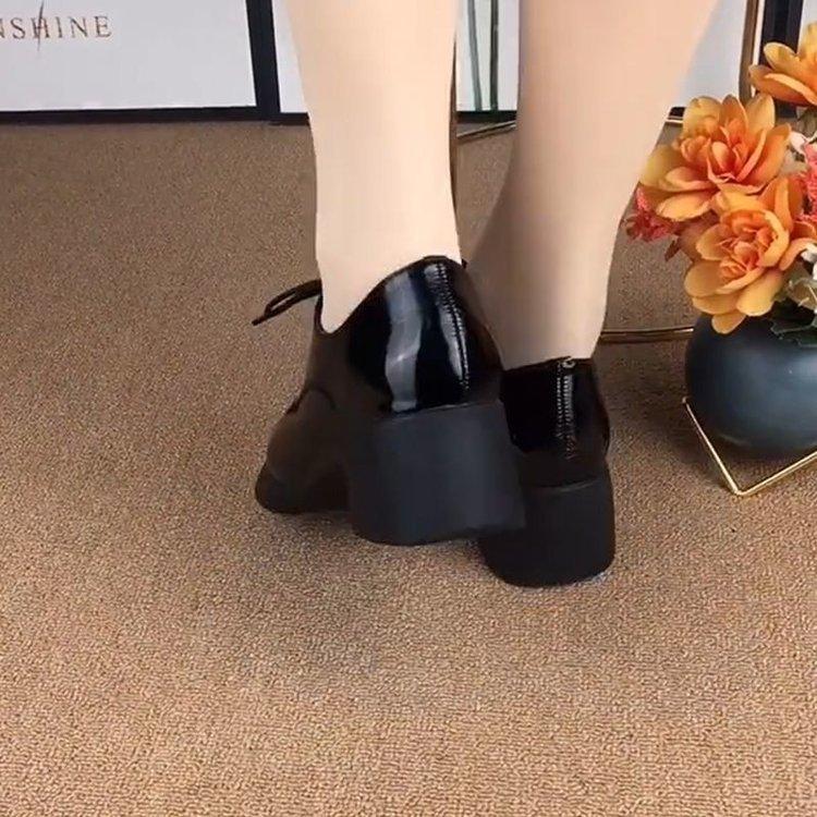 Women's Shoes Mid-heel  Black Soft Leather Deep Mouth Casual Patent Leather Thick Heel Lace-up Loafers