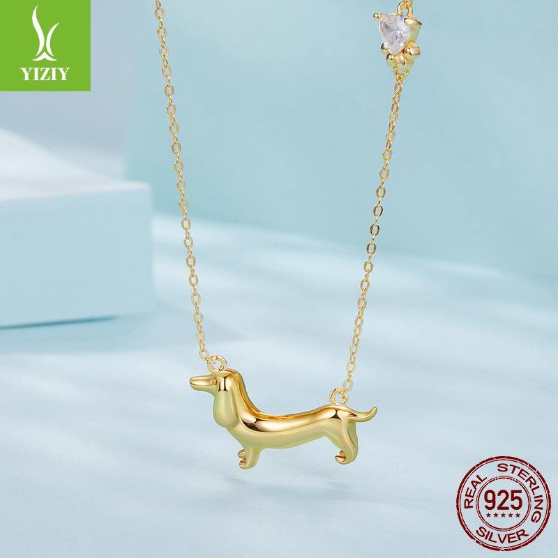 Popular S925 Silver Dachshund Dog Necklace, Simple Design Animal Puppy Collarbone Chain Jewelry