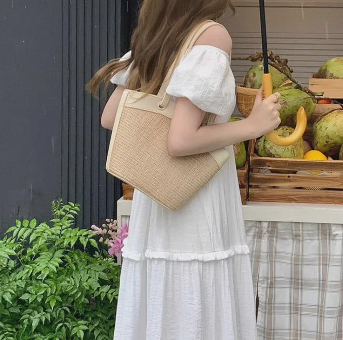 Bolsa de ombro feminina de palha trançada retrô francesa da moda - perfeita para férias à beira-mar e lazer na praia