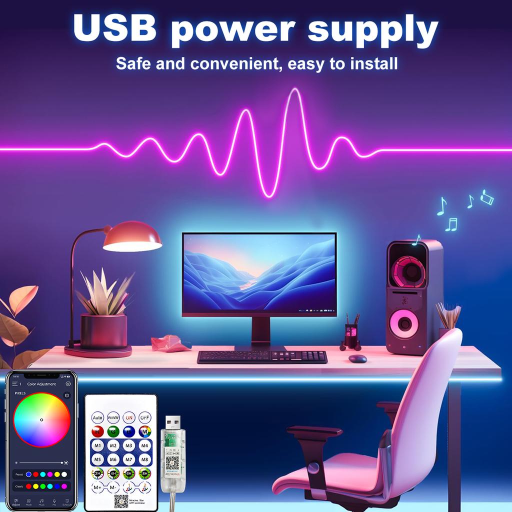 USB Colorful Flexible Light Strip with Neon Light Strip and Bluetooth Remote Control for Bedroom Living Room Party Decoration