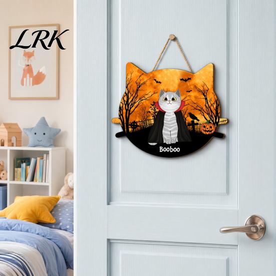 2D Flat Wood Sign Halloween Hanging Door Sign, Cute Cat Wooden Front Pet Name Tag Hanger with Hemp Rope for Porch Wall Indoor Home Decor