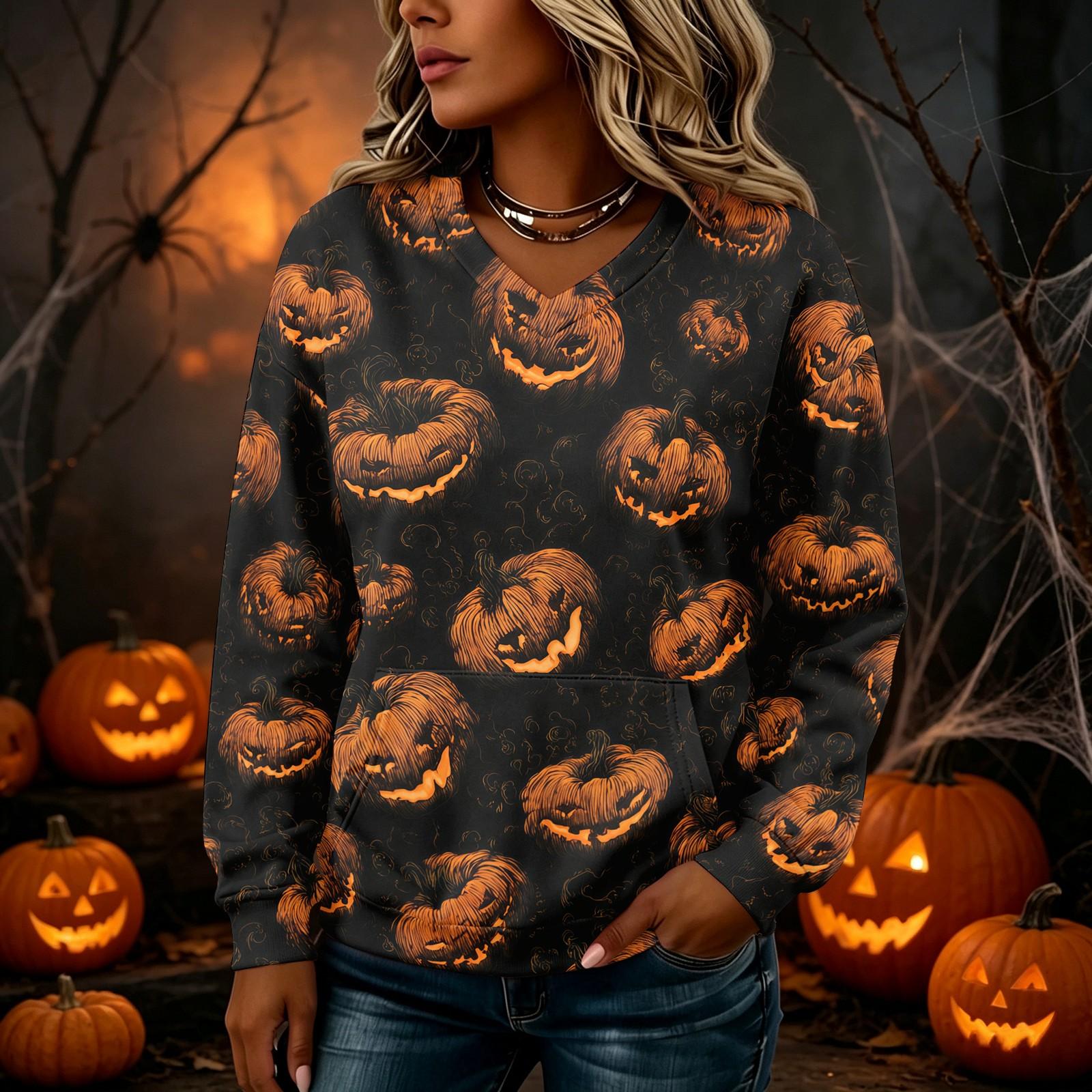 Women s V-Neck Long Sleeve Halloween Graphic Sweatshirt Lightweight Pullover with Pockets XL