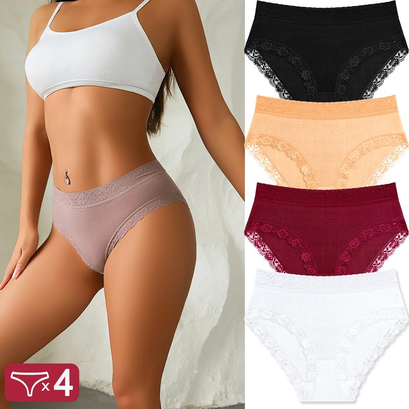 FINETOO 4Pcs Lace Plus Size Underwears Women's Sexy Panties High Quality Striped Briefs Girls Solid Sports Comfortable Lingerie