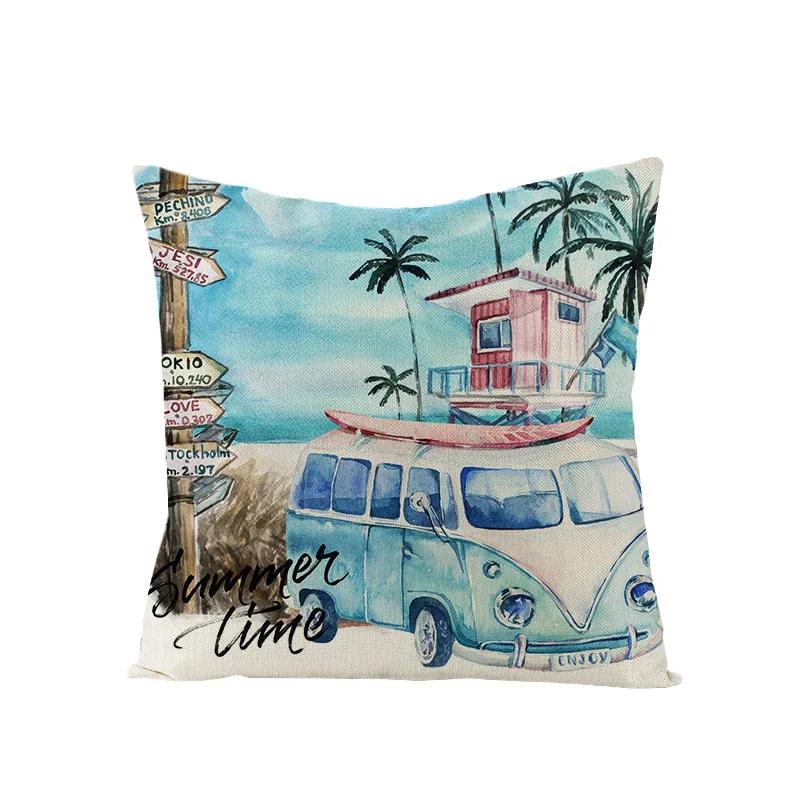 

Summer Beach Style Throw Pillowcase Blue Cushion Cover Coconut Watermelon Print Linen Pillow Covers Home Decor Pillowslip 40x40cm16x16Inch