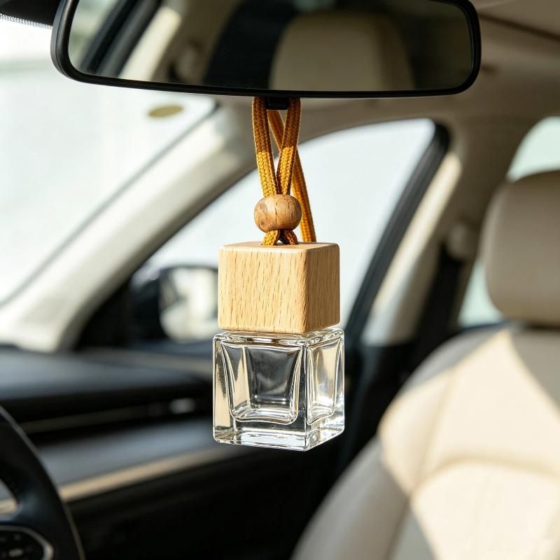 Empty Hanging Car Diffuser Bottles with Natural Wooden Lids Clear Glass Reusable for Homemade Car Air Fresheners