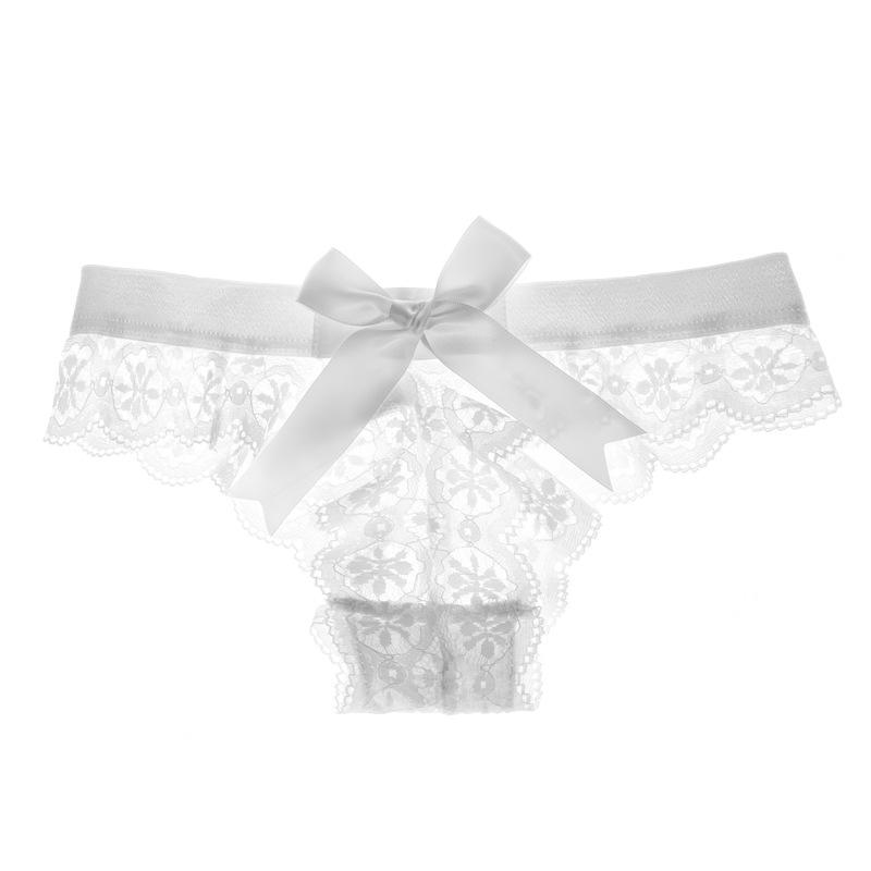 Sexy Transparent Lace Lady Thong Solid Color Women's Underwear Buttocks Big Bow Decoration T-back Temptation Mesh Female T-pants