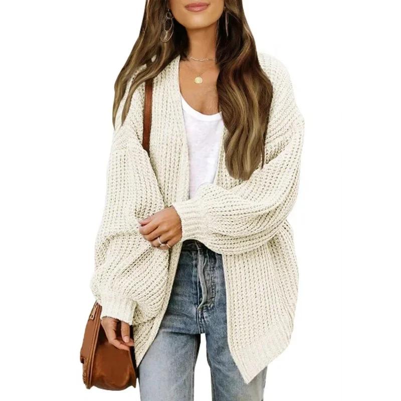 Chic Autumn Idle Style V-Neck Knitted Cardigan Women Sweater Jacket Versatile Loose Fit Casual Solid Color Lantern Sleeve Pullovers