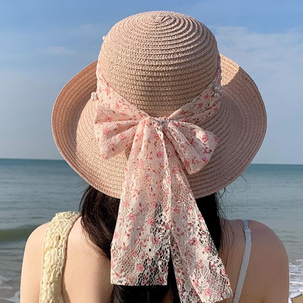 Breathable Flower Fisherman Cap Large Brim Wide Brim Sun Hat Fashion Lace Bowknot Straw Hat  Beach