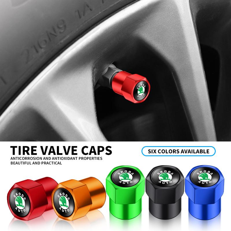 2025 New 4Pcs Car Goods Dustproof Cap Car Tire Valve Stem Caps Bolt-In For Skoda A7 Fabia Kamiq Karoq Kodiaq Octavia Rapid Scala