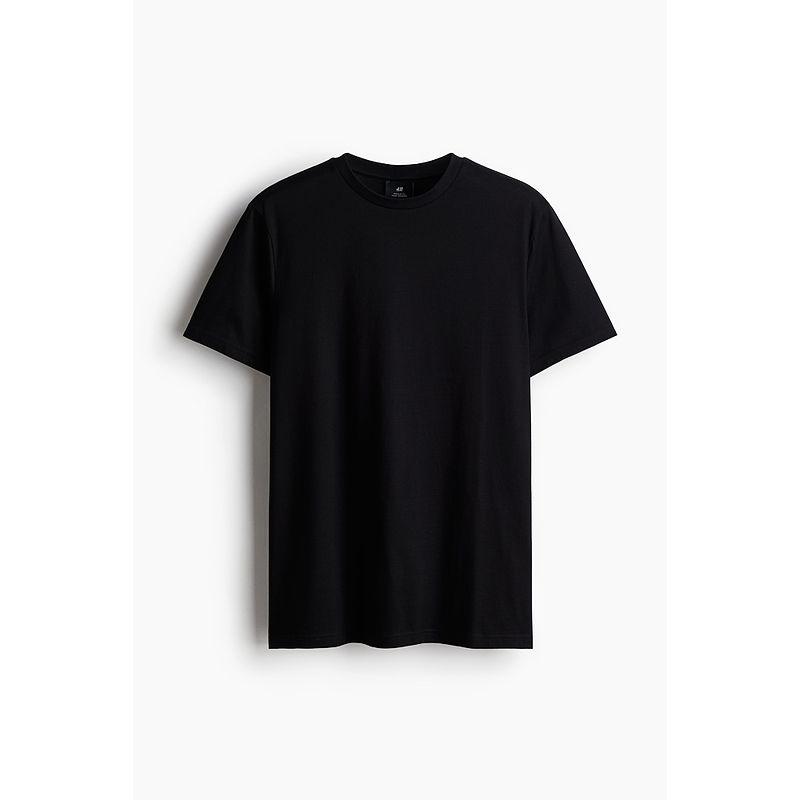 

HM Men s T-shirt Autumn Leisure Minimalist round Neck Short Sleeve Plaid Pure Cotton Inner Bottoming Shirt 0685816 Black 165/84A(XS)