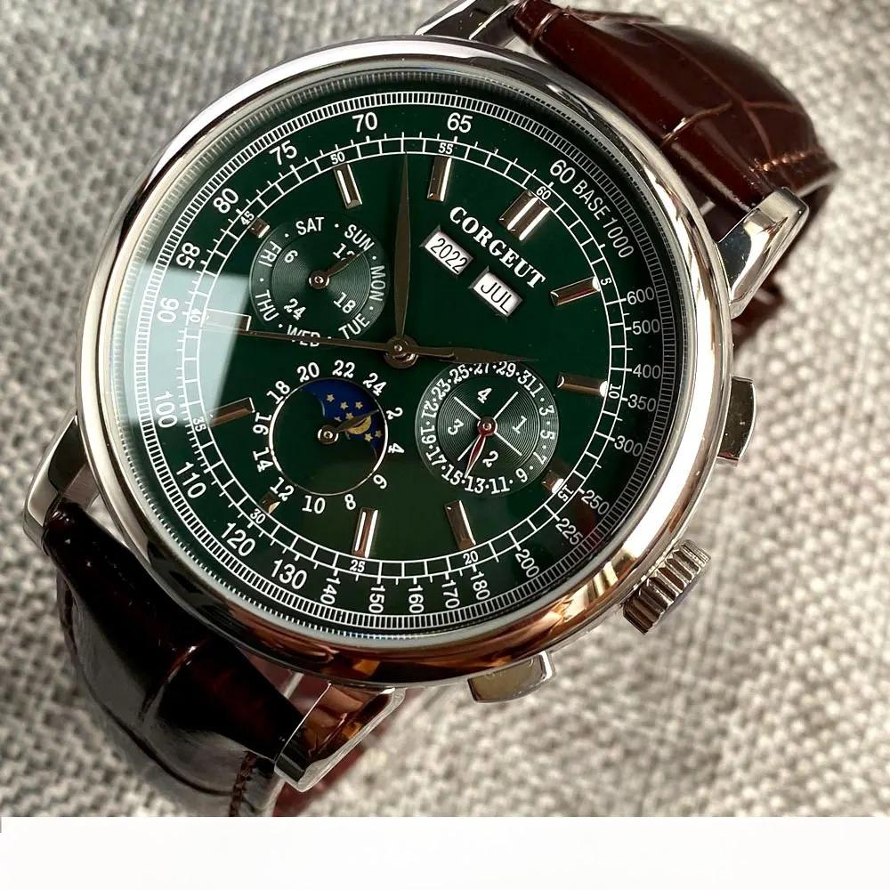 CORGEUT Montre Automatique 42MM ST1655 Bracelet Cuir 316L Boîtier Poli Montre Homme Affichage Jour Nuit