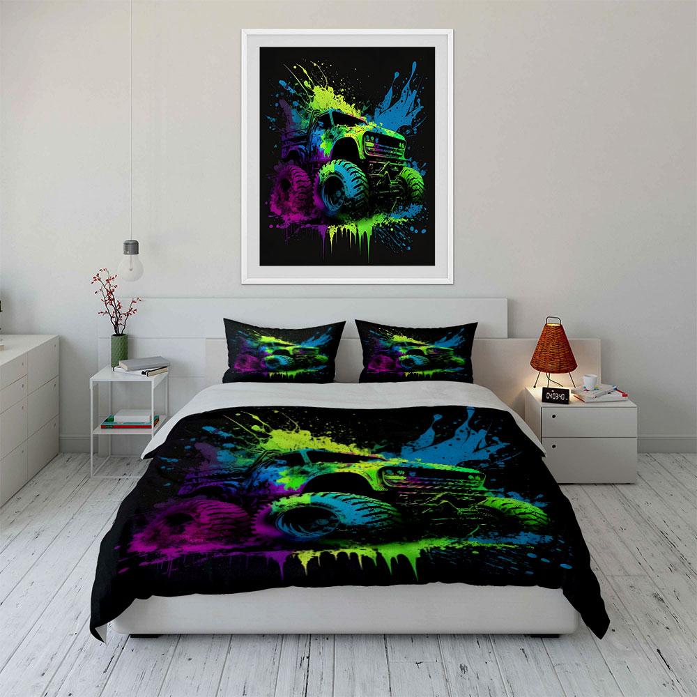 Vibrant Monster Truck Art Printed Duvet Cover Set1 Duvet Cover+2 Pillowcasemulti Size Bedroom Bedding Decor Luxury Gifts