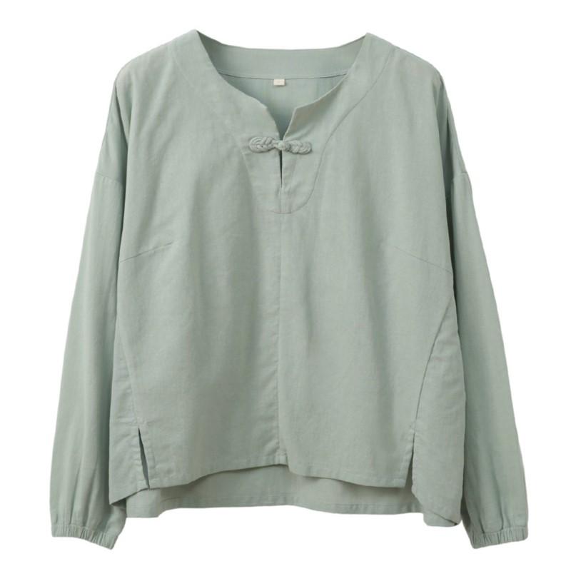 Johnature Women Vintage Pullover T-Shirts Soft Spring Solid Color Long Sleeve Button Casual Loose T-Shirts