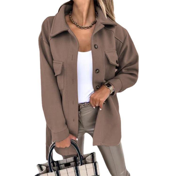 Women Winter Wool Coat with Lace Trim Long Sleeve Solid Color Autumn Fashion