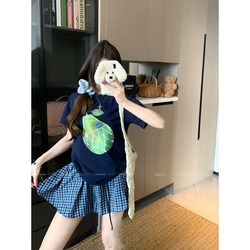

Kumikumi Casual Set Pear Print Short sleeve T-shirt Women Summer Plaid Skirt Pleated Skirt Two-piece Set Top L