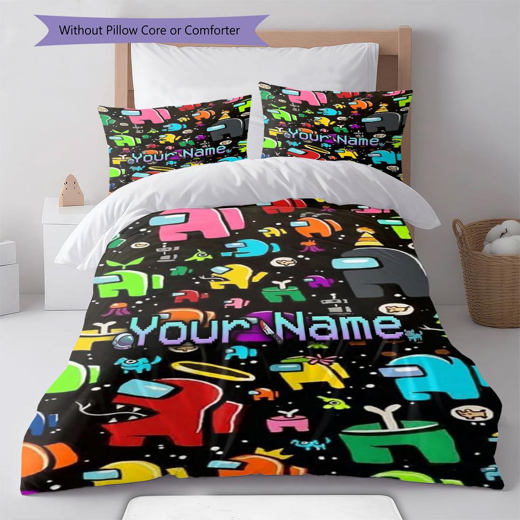 Among Us Custom Name Pattern Bedding,Quilt Set Quilt Cover Pillowcase Home Birthday Gift(1 * Duvet Cover + 2 * Pillowcase, Without Core)
