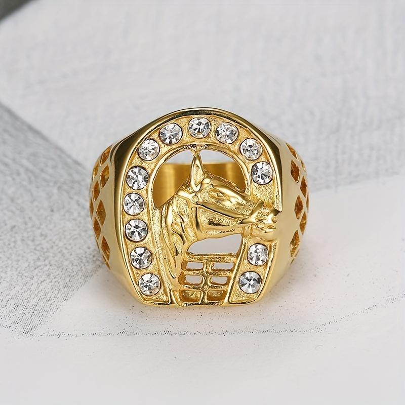 1 Pcs Hip Hop Stainless Steel Gold Color Jockey Club Horseshoe Horse Ring with Rhinestone for Men Gift Jewelry
