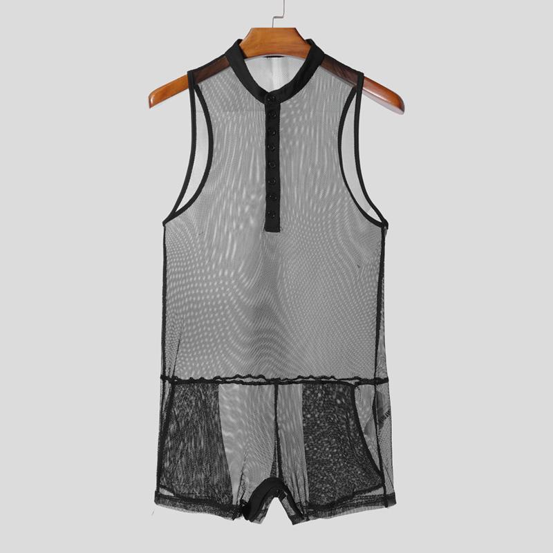 INCERUN Men Sleeveless Hollow See Through Transparent Underwear Jumpsuits Bodysuits