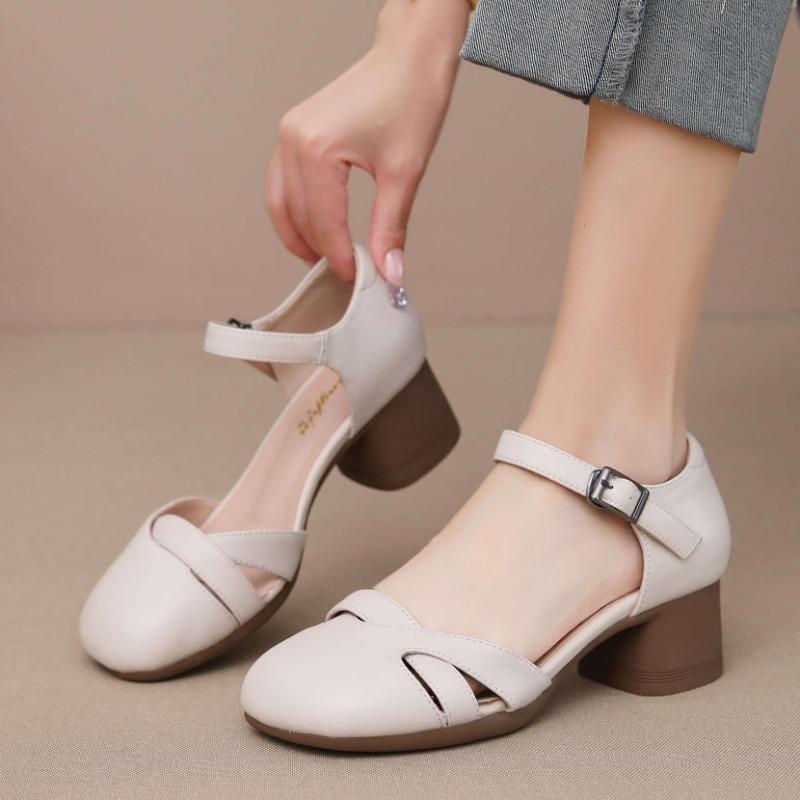 New Summer Soft Cowhide Hollow Woven Sandals Thick Heel Women's Shoes Breathable Medium Heel Shallow Mouth Single Shoes