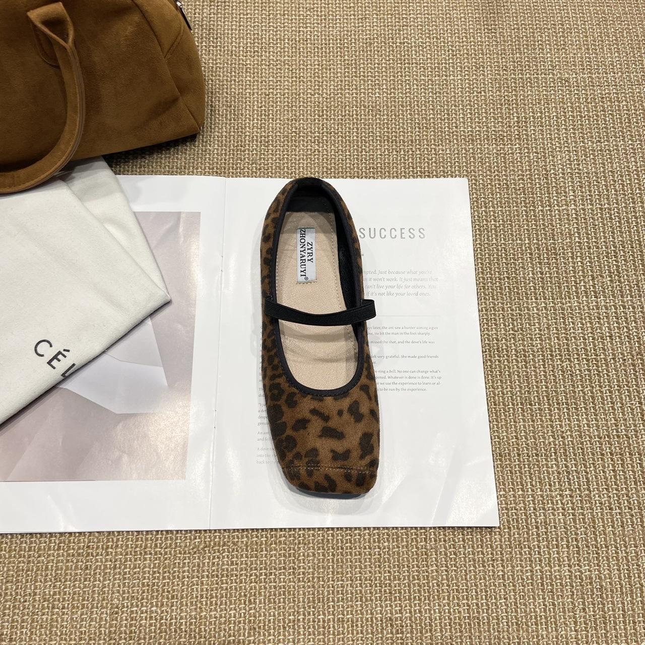 

Vintage suede niche evening breeze square head Mary Jane shoes versatile commuter flat leopard print ballet single shoes women 39 леопардовый