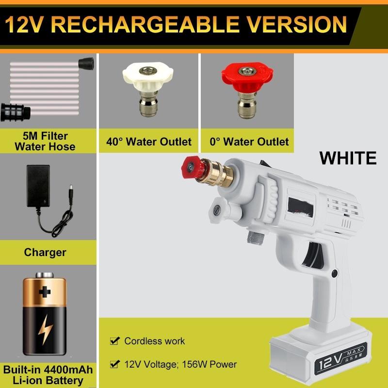 

Беспроводная мойка высокого давления для автомобиля, ручной электрический водяной пистолет, мощная садовая водяная струя, аккумуляторная 12В/24В 120-200Вт 12V White
