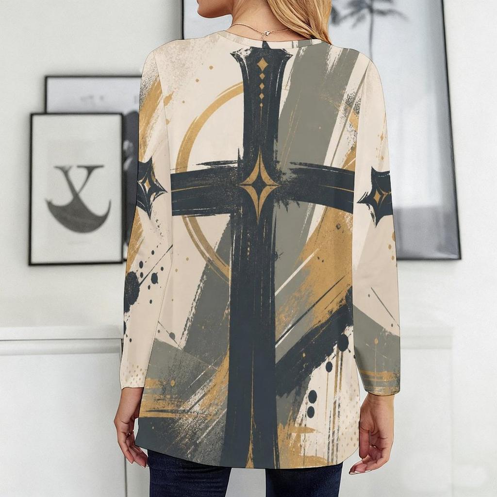 Women Plus Size Round Neck Long Sleeve Red Blue Star Print Loose T Shirt With Pockets