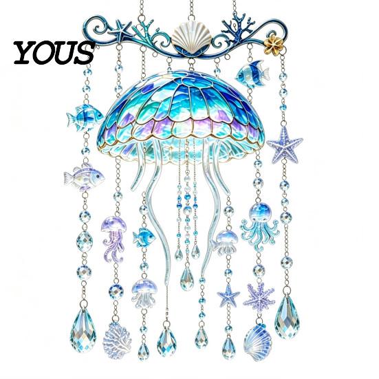 Ocean-Themed Wind Chime Decoration Decoration, Animal Hanging Sun Catcher with Faux Crystal Drops, Stained Glass Acrylic Ornament for Window