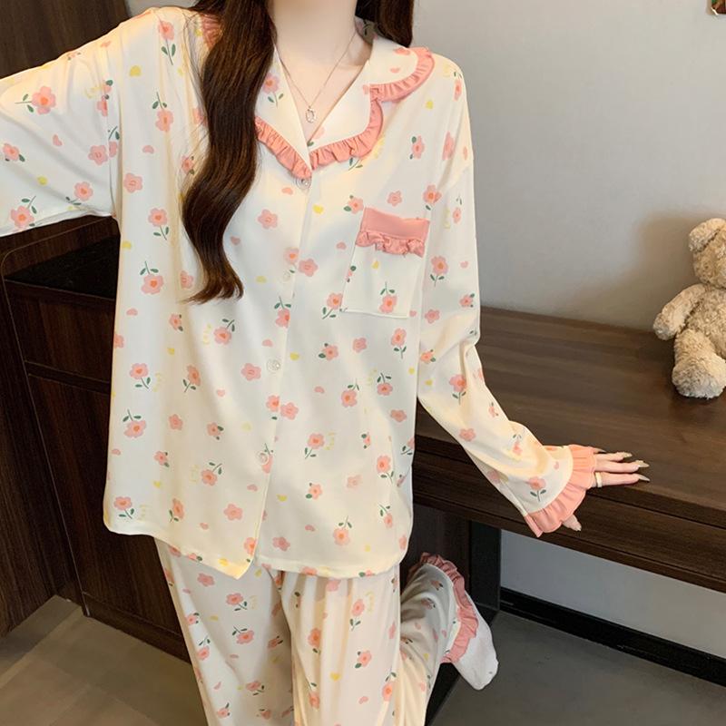 Sweet Lace Pajamas Women's Spring and Autumn New Flowers Full of Imitation Cotton Long Sleeves Can Be Worn Outside Loungewear Suit