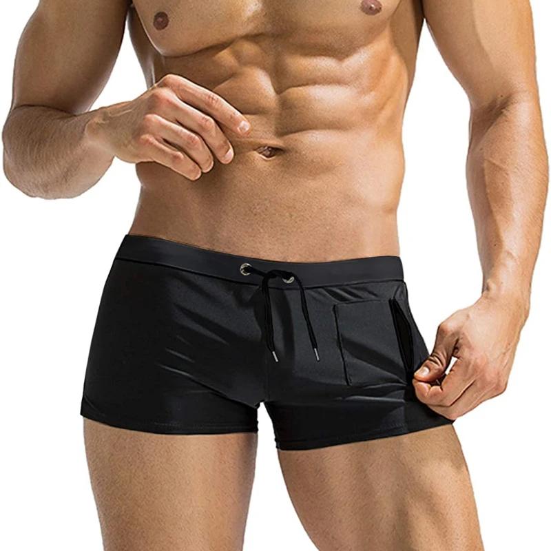 Mens Swim Trunk Swimwear with Zipper Pocket Bathing Suit Swimming Boxer Brief Square Leg Mesh Liner Board Shorts Swimsuits nero