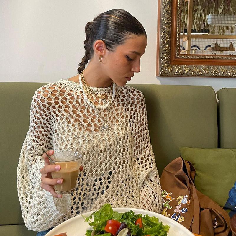 Sexy Hollow Out Sweaters European Women Loose Long Sleeve Pullovers Y2K Vintage Jumpers Autumn Crewneck Smock Tops