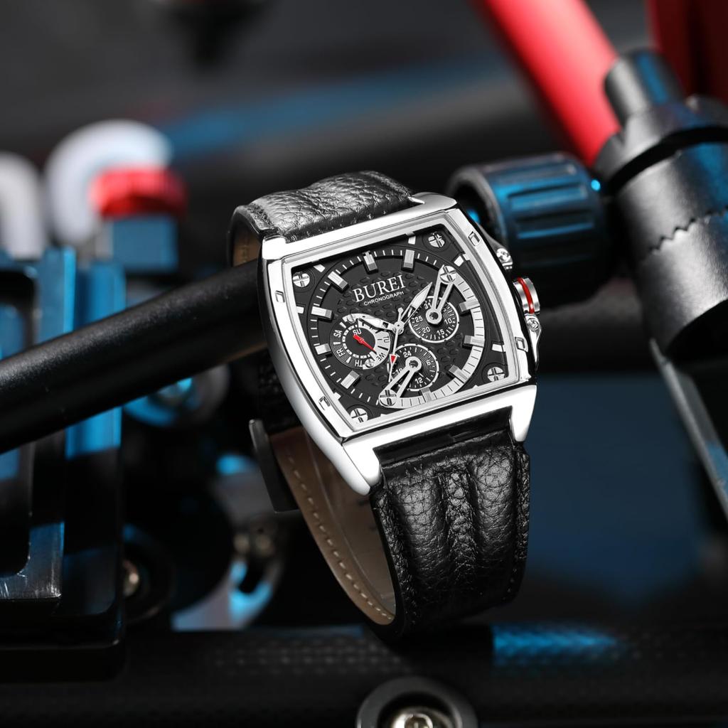 BUREI Men's Chronograph Analog Quartz Watch with Square Design, Waterproof, Black Leather Strap, Date Display, Selection