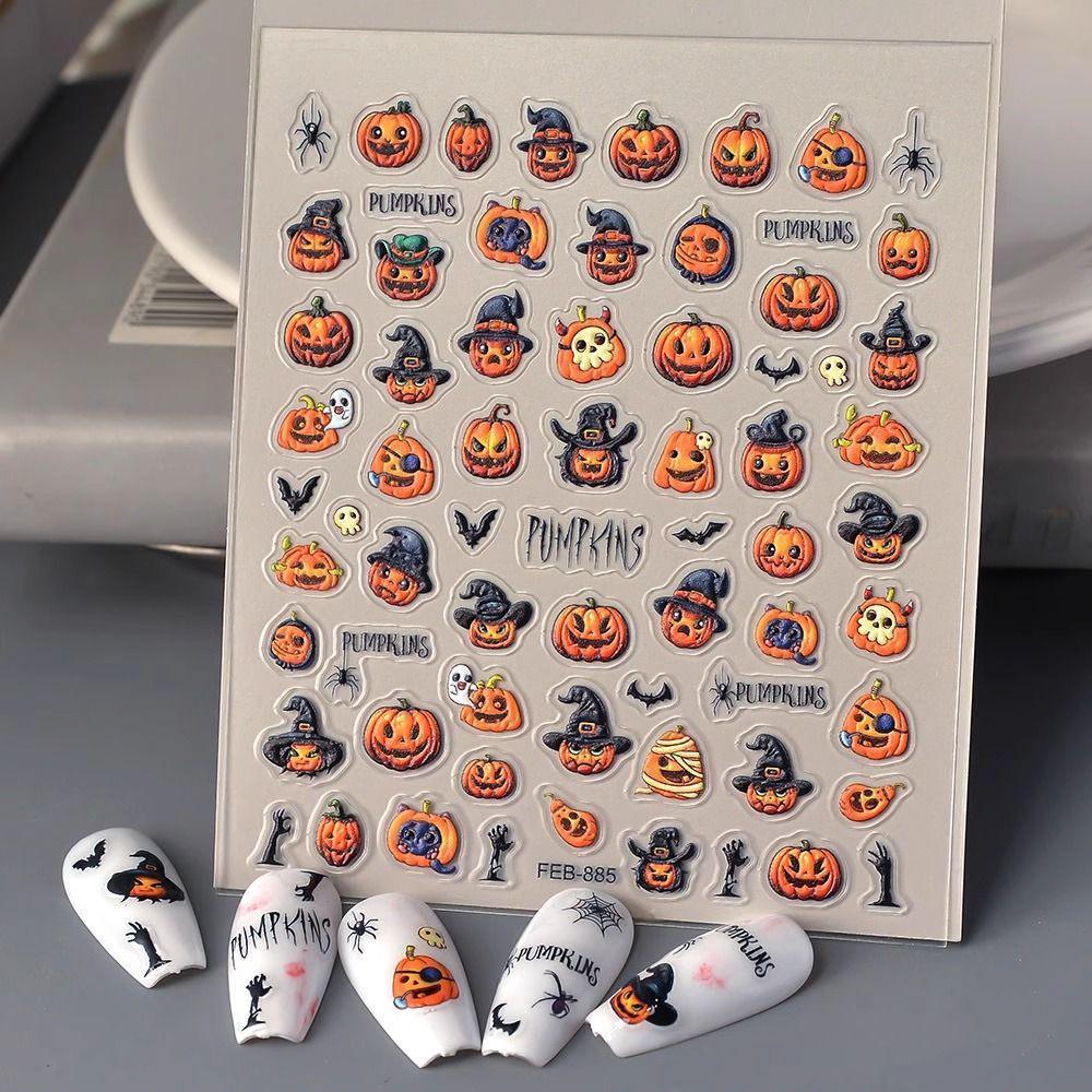 3D Halloween Nail Art Stickers: Cute Cartoon Pumpkin & Ghost Design