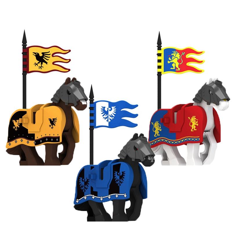Mittelalterliche Militärburg Ritter Bausteine Reitpferd Wolf Bär Elefant Tier Weste Waffe Fahne Sattel Spielzeug Ziegelstein Geschenk A06