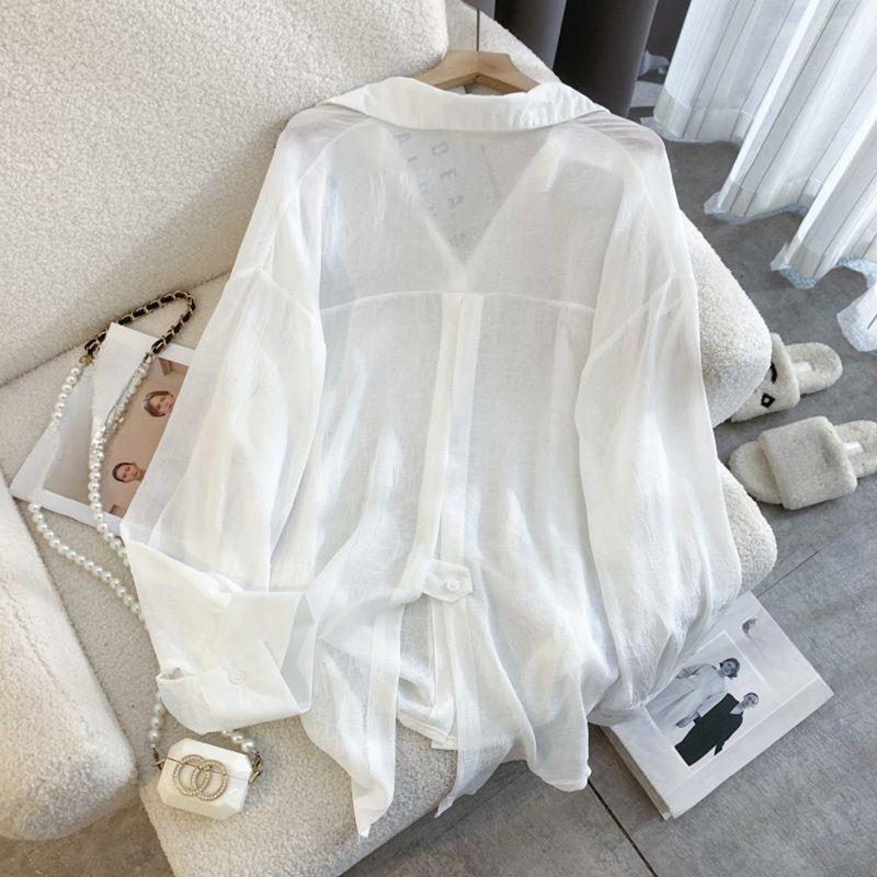 Womens Summer Loose Fit Shirt Ice Silk Print Long Sleeve Open Front Casual Blouse Lightweight Outwear