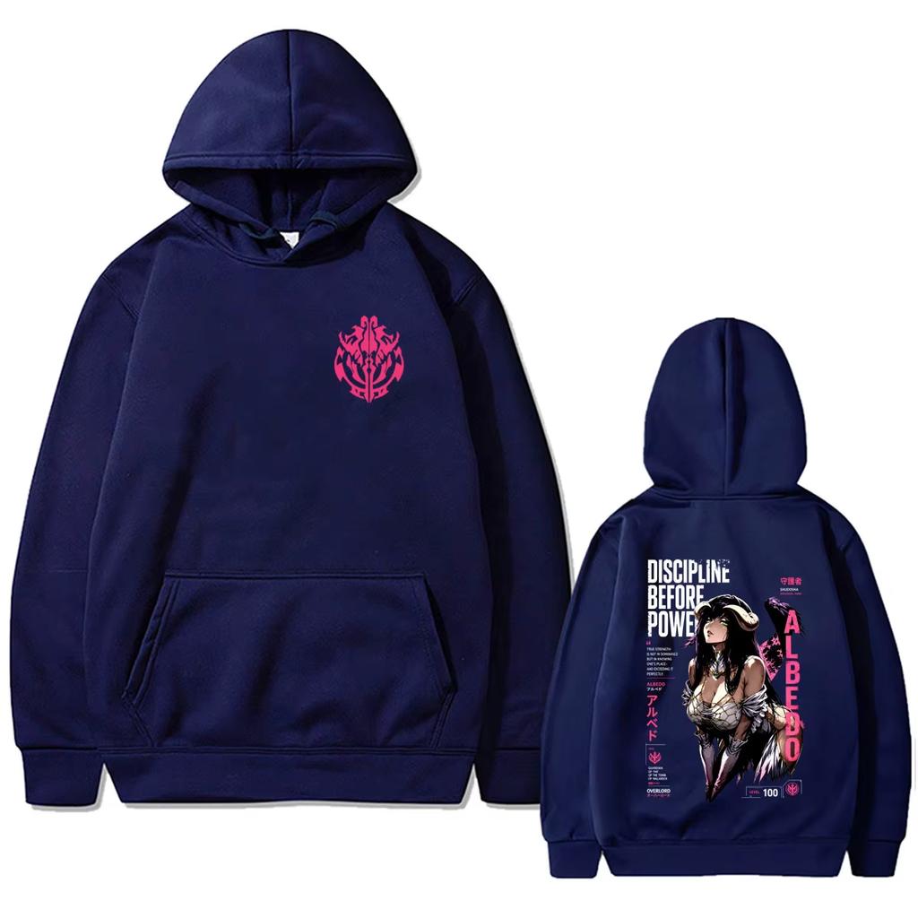 Anime Overlord Albedo "Discipline Before Power" Graphic Hoodie, Unisex Cartoon Manga Harajuku Sweatshirt, Men's Fashion Streetwear