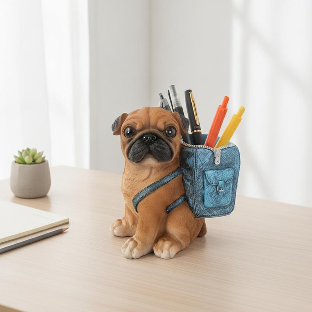 PugShaped Pen Holder Decorative Pug Desk Organizer with Front Pocket Playful Canine Sculpture