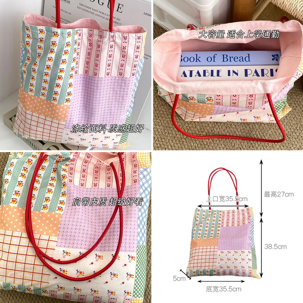 Spring New Korean Style Floral Double-Sided Shoulder Bag for Women Fresh Travel Canvas Tote Handbag