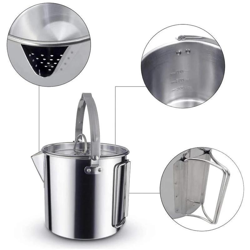 Outdoor Stainless Steel Kettle Folding Camping Hanging Pot Portable Coffee Pot Teapot Picnic Stove 1.2L