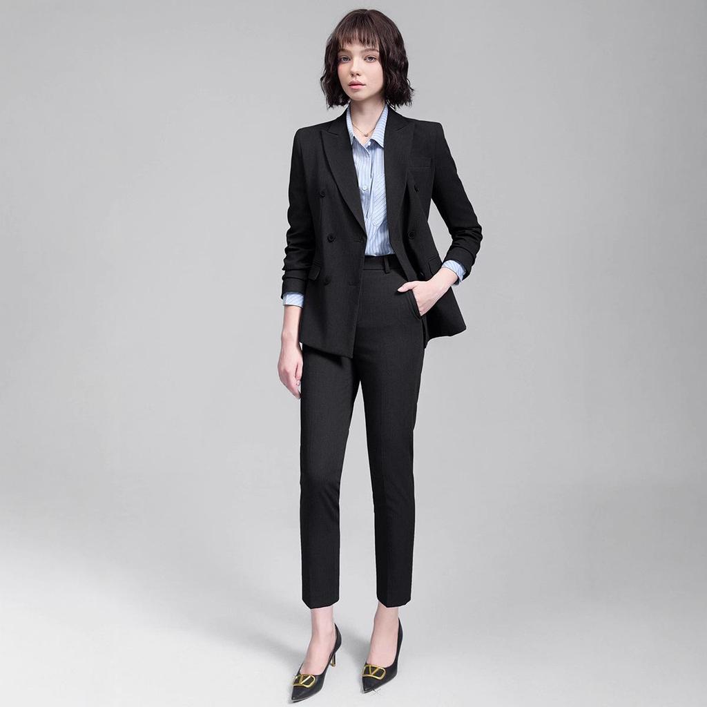 Women's Gray Double-Breasted Suit Set - 2025 Spring/Autumn British Style Formal Workwear