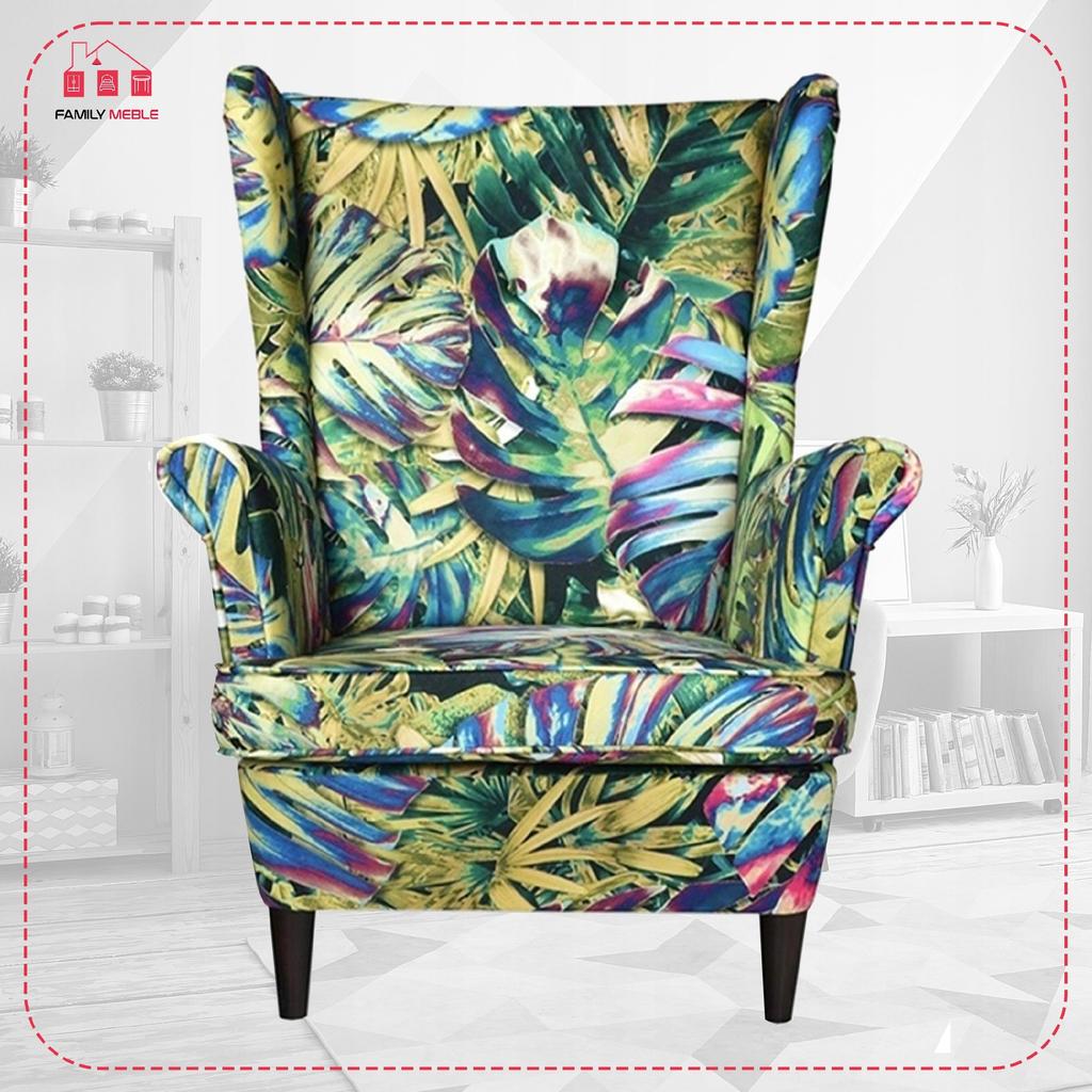 Wingback Armchair ARI PRINT Scandinavian Family Furniture Monstera Green Leaves